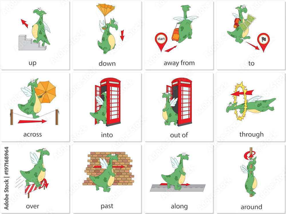 Cartoon dragon prepositions of movement. English grammar in pictures Stock  Vector | Adobe Stock