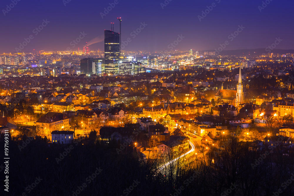 Cityscape of Gdansk Oliwa at night from the hill, Poland