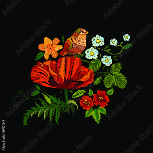 Bird and red Poppy flower embroidery on black background. Decorative floral embroidery. Vector illustration