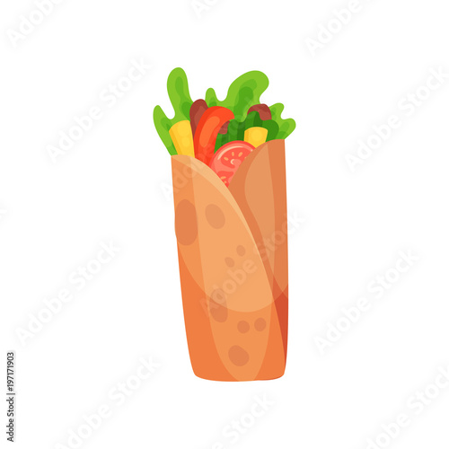 Shawarma with meat and fresh vegetables vector Illustration on a white background
