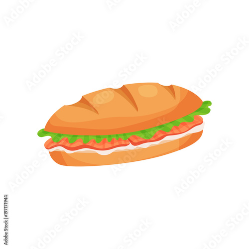French sandwich loaf with ham slices, cheese and lettuce vector Illustration on a white background