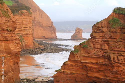 Sea stack in Ladram Bay on the Jurassic Coast natural World Heritage Site near town of Sidmouth in East Devon