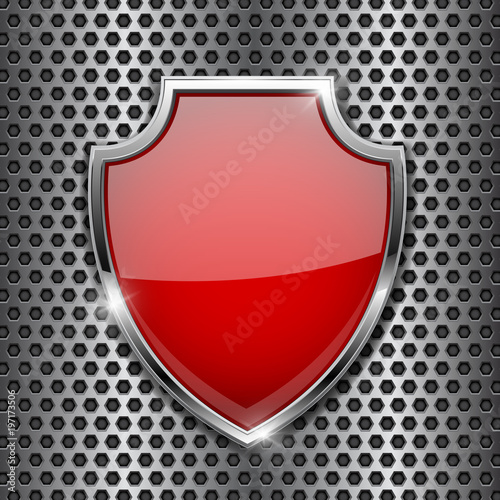 Metal 3d red shield on metal perforated background