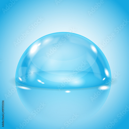 Blue glass dome. Shiny transparent semi sphere on blue background