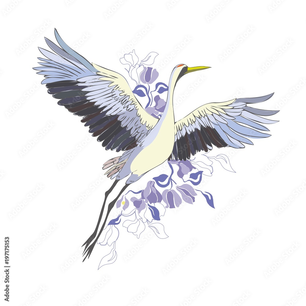 Fototapeta premium Crane. A bird in flight. Design element. Vector.
