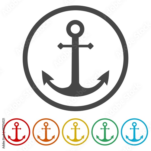 Vector anchor icon, Ship anchor or boat anchor flat icon, 6 Colors Included