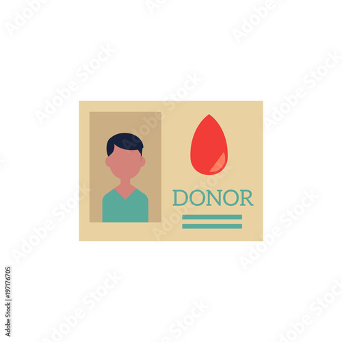 Flat donor identification card icon. Blood donator personal authentication badge. Security label with photo name. Medical plastic id document. Vector isolated background illustration