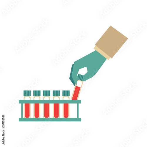 Flat doctor hand holding test tube with blood icon. Medical chemical biological pharmaceutical equipment. Pharmacology laboratory analysis glassware. Vector isolated background illustration.