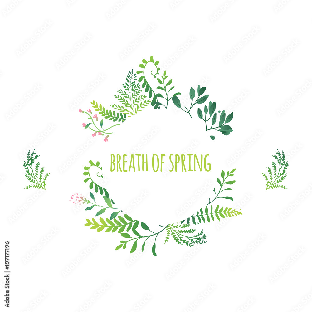 Vector cartoon abstract green plants flower herbs frame template. Meadow garden spring easter, women day romantic holiday, wedding invitation card summer floral Illustration white background