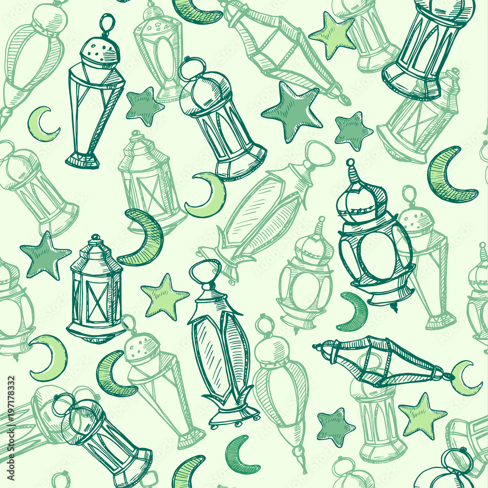 Obraz premium Arabic lamps, sketch hanging lanterns. Seamless pattern. Hand drawing card, poster, background for Ramadan - islamic blessed month.