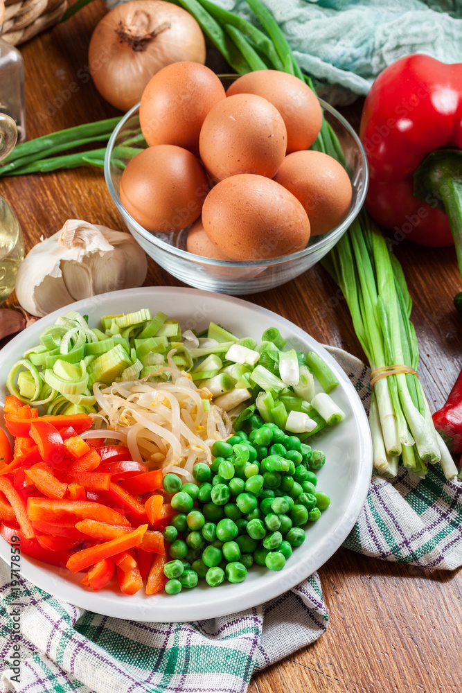 Ingredients ready for preparing egg fu yung Ingredients ready for preparing egg fu yung