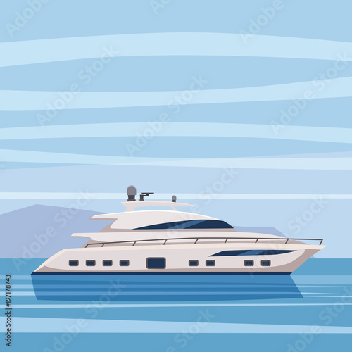 Speed reach yacht on seascape background, cartoon style, vector illustration, isolated © hadeev
