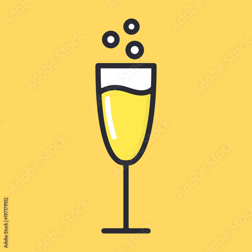 Glass of champagne with bubbles. Yellow drink. Cartoon alcohol icon. Vector flat glass