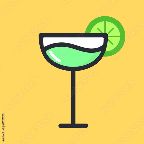 Cocktail with lime. Fruit drink. Martini. Cartoon alcohol icon. Vector flat glass