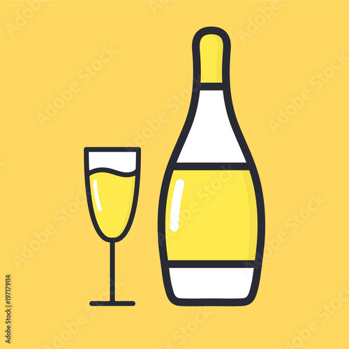 Glass of champagne with bottles. Flat style. Cartoon alcohol icon
