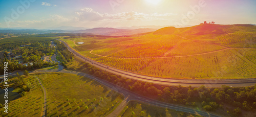 Aerial panorama of beautiful countryside at sunset in Canberra, Australia