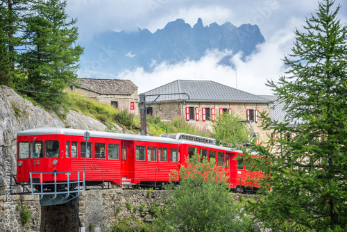 Montenvers touristic red train, going from Chamonix to the Mer de Glace glacier, Mont Blanc Massif, France
