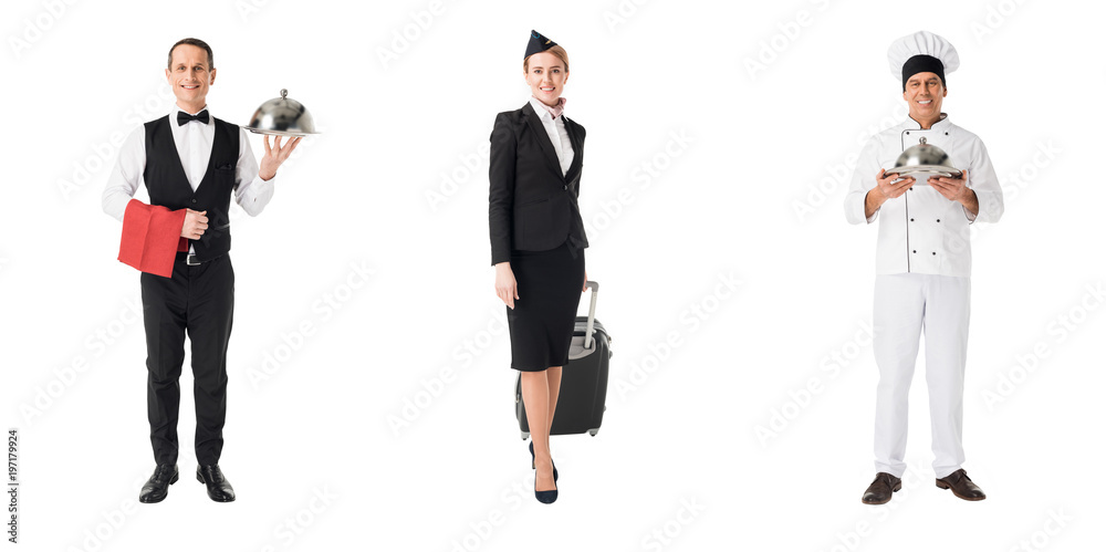 Collage with professions stewardess, chef and waiter isolated on white Collage with professions stewardess, chef and waiter isolated on white