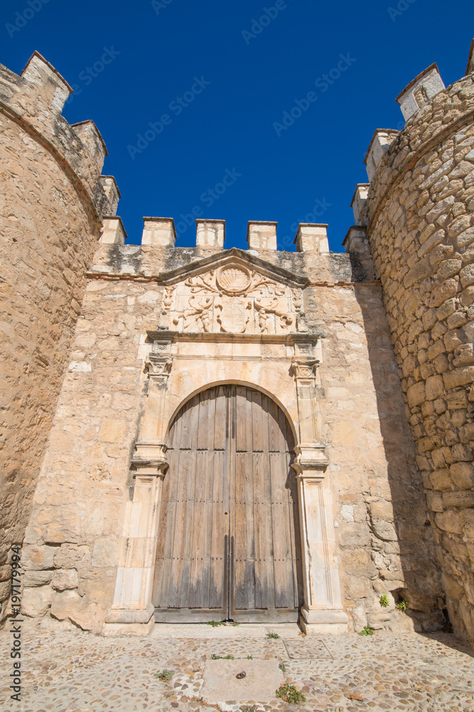 ancient door of old city exterior wall of Penaranda de Duero village, landmark and public monument from fifteenth century, in Burgos, Castile and Leon, Spain, Europe
