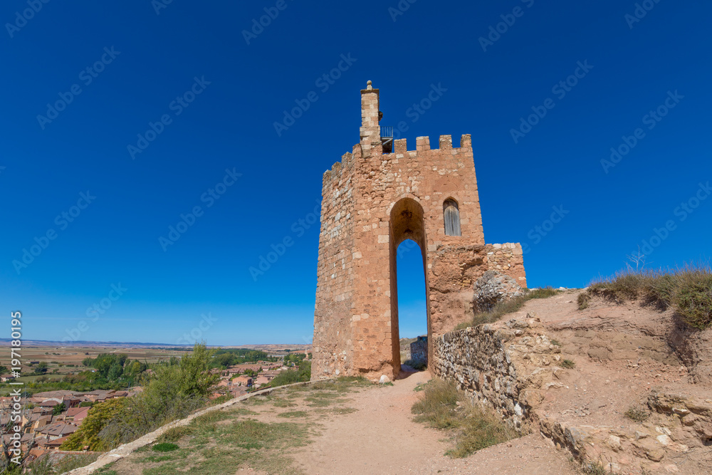 famous tower known as La Martina, landmark and public monument from Arab age, in top of old town of Ayllon village, Segovia, Spain, Europe
