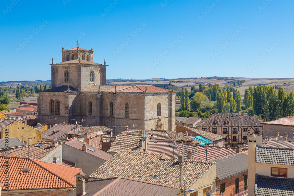 ciityscape with Parish of Santa Ana in Penaranda de Duero village, in Burgos, Castile and Leon, Spain, Europe
