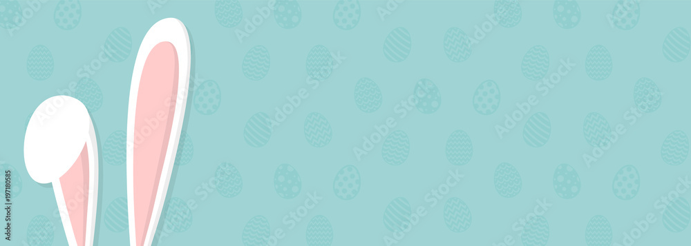 Background with eggs and white bunny. Concept of Easter banner. Vector.