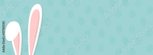 Background with eggs and white bunny. Concept of Easter banner. Vector.