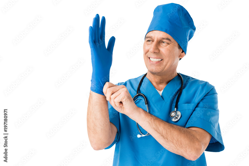 Male doctor wearing latex glove isolated on white