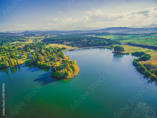 Aerial landscape of Scrivener Dam between Lake Burley Griffin and Molonglo River in Canberra, ACT Australia