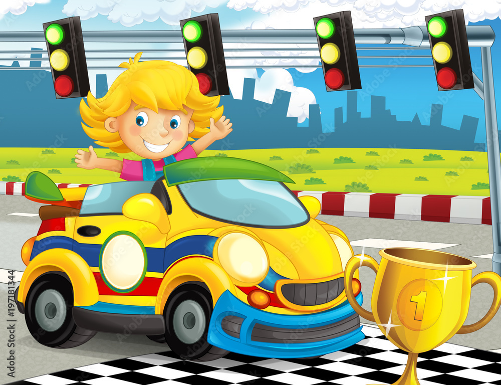 cartoon funny and happy looking child - girl in racing car on race ...