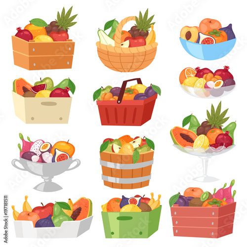 Fruit basket vector fruity apple banana and exotic papaya in box illustration fruitful set juicy orange with fresh slices of tropical dragonfruit in bowl isolated on white background