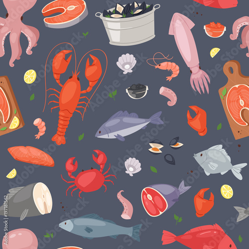 Seafood vector sea fish shellfish and lobster on fishmarket illustration fishery set of salmon prawn for ocean gourmet dinner isolated on seamless pattern background