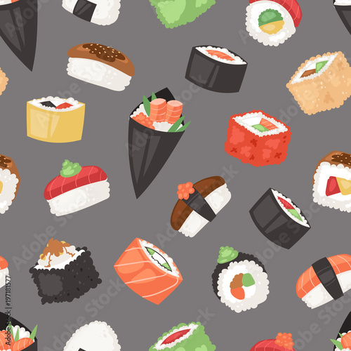 Japanese food vector sushi sashimi roll or nigiri and appetizer with seafood rice in Japan restaurant illustration Japanization cuisine set isolated on seamless pattern background