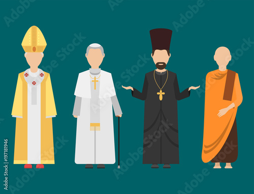 Religion people characters vector group of different nationalities human wearing traditional clothes