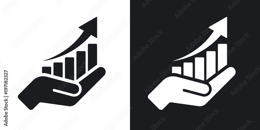 Vector growing graph icon on the hand. Two-tone version on black and white background - obrazy, fototapety, plakaty 
