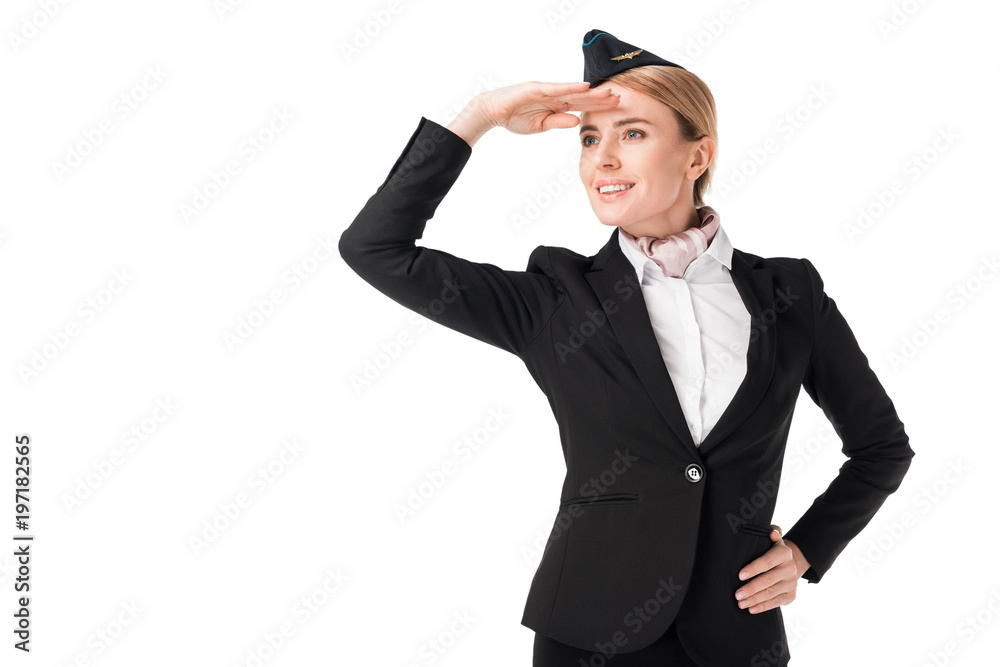 Stewardess in uniform looking away isolated on white Stewardess in uniform looking away isolated on white