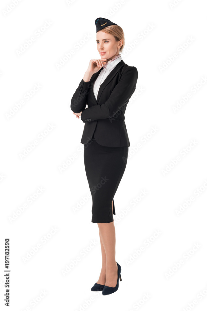 Blonde stewardess in uniform smiling isolated on white Blonde stewardess in uniform smiling isolated on white
