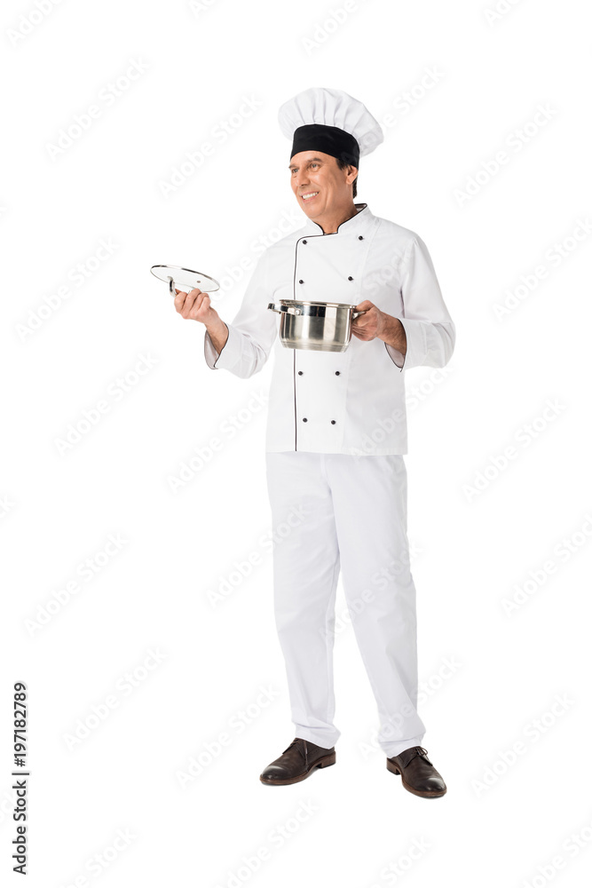 Professional cook holding pan isolated on white