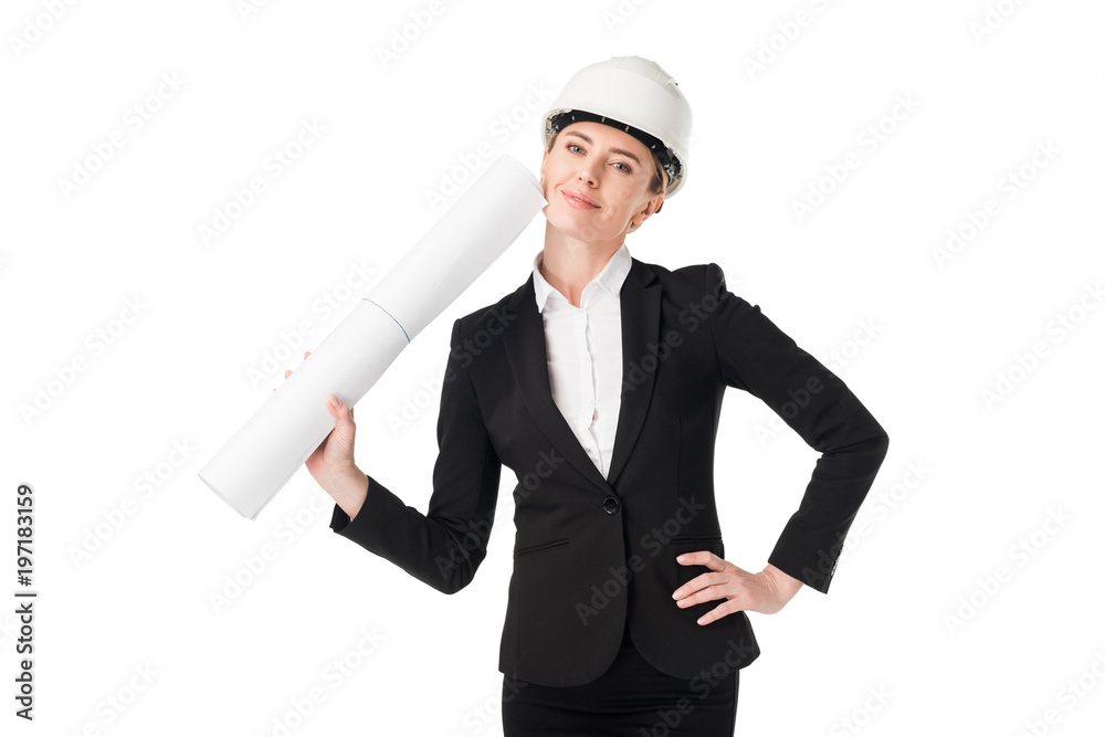 Smiling female architect in suit holding blueprint isolated on white Smiling female architect in suit holding blueprint isolated on white