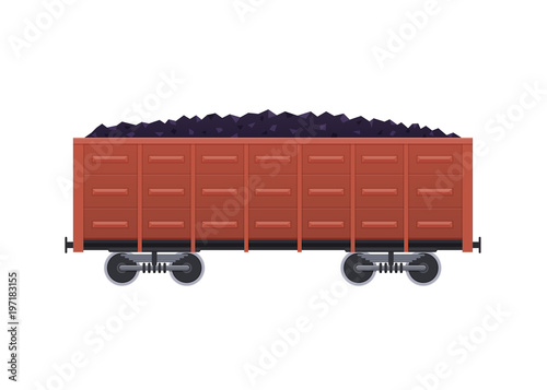 Railway wooden car, with cargo in form of coal, minerals.