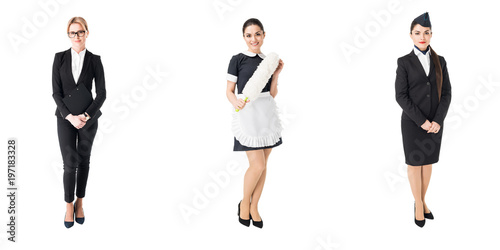 Bild auf Leinwand Collage with female professions maid, businesswoman and stewardess isolated on w