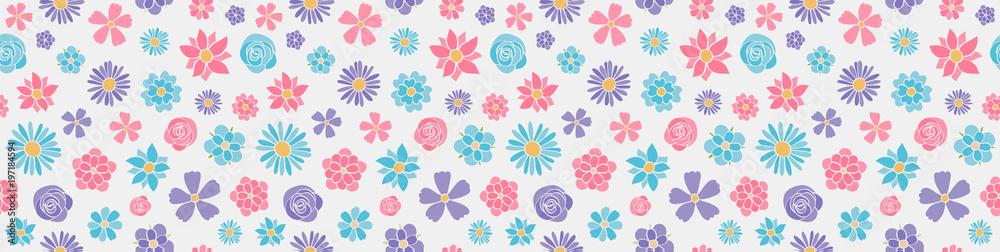 Vintage banner with hand dran flowers - seamless pattern. Vector.