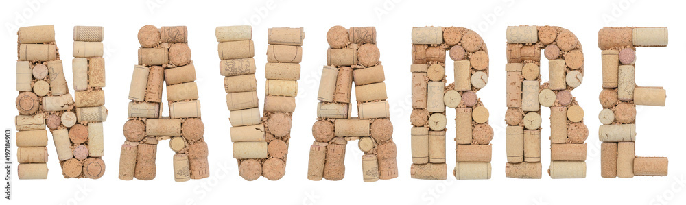 Wine region of Spain Navarre made of wine corks Isolated on white background