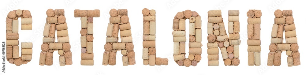 Wine region of Spain Catalonia made of wine corks Isolated on white background
