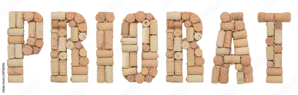 Wine region of Spain Priorat made of wine corks Isolated on white background