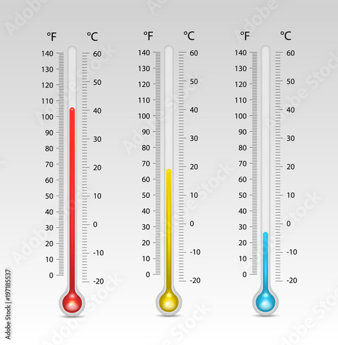 Vector set of thermometers with different colored shiny indicators