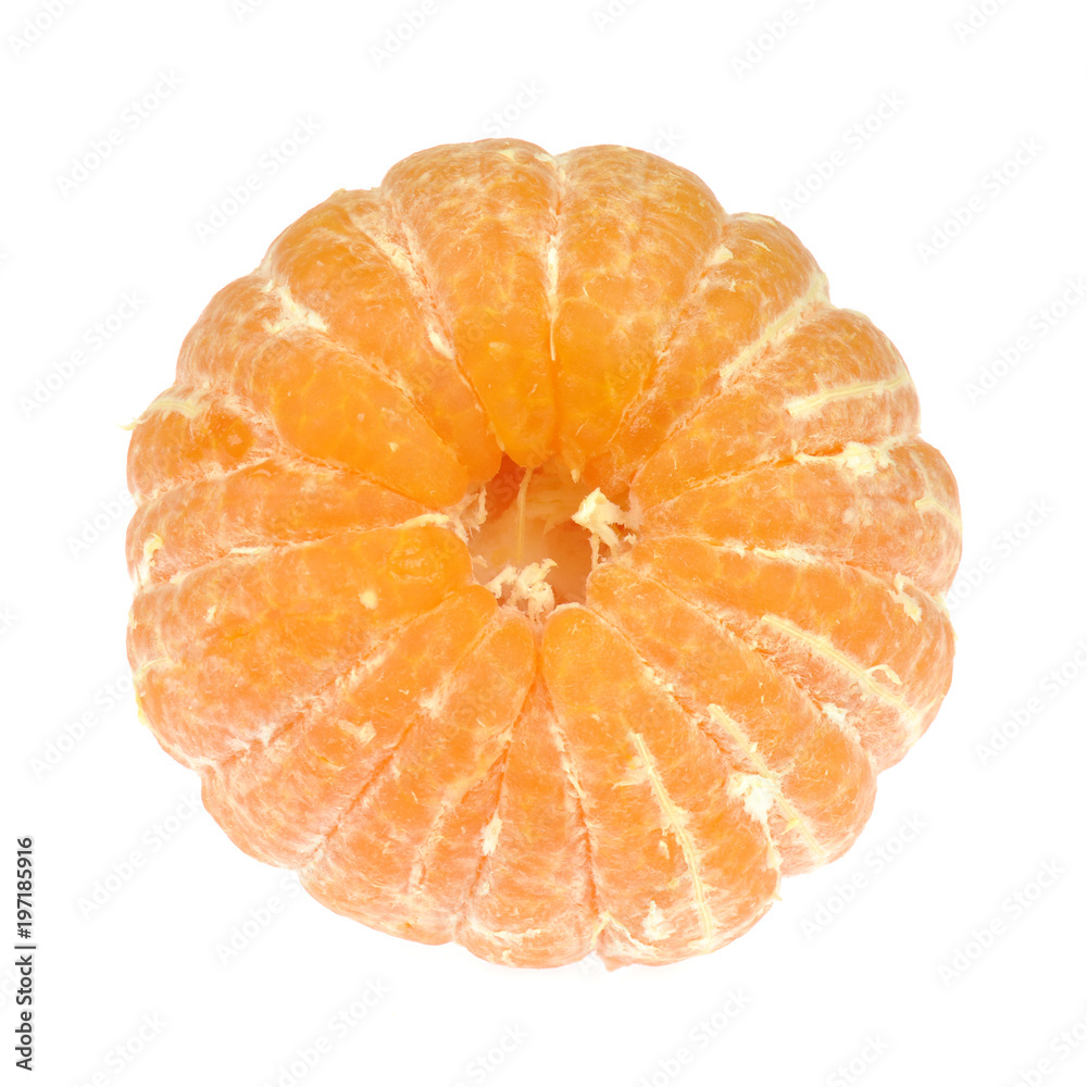 Peeled tangerine isolated on white background. Top view