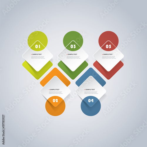 Colorful Modern Paper Cut Style Infographics Design - Set of Minimalist Numbered Geometric Shapes, Round Squares and Circles with Icons