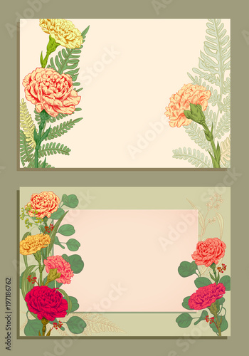 Two horizontal frame, card for congratulations or invitation: carnation, red,...
