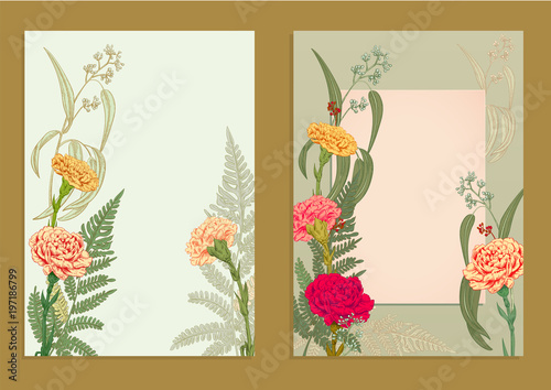 Two vertical frame, template for invitation to rustic party. Carnation: red, ...